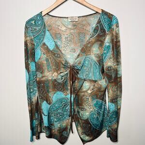 MKM Tunic VTG Y2K BabyDoll Teal Blue Brown Tie Front Knit Hippie Festival M